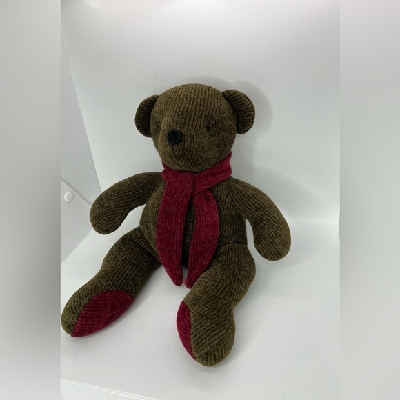 Pottery Barn Chenille Bear Olive Green Teddy 12" Plush Scarf Stuffed Bean Filled - Picture 2 of 5